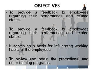 OBJECTIVES
• To provide a feedback to employees
regarding their performance and related
status.
• To provide a feedback to employees
regarding their performance and related
status.
• It serves as a basis for influencing working
habits of the employees.
• To review and retain the promotional and
other training programs.
 