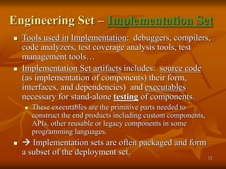 12
Engineering Set – Implementation Set
 Tools used in Implementation: debuggers, compilers,
code analyzers, test coverage analysis tools, test
management tools…
 Implementation Set artifacts includes: source code
(as implementation of components) their form,
interfaces, and dependencies) and executables
necessary for stand-alone testing of components.
 These executables are the primitive parts needed to
construct the end products including custom components,
APIs, other reusable or legacy components in some
programming languages.
  Implementation sets are often packaged and form
a subset of the deployment set.
 