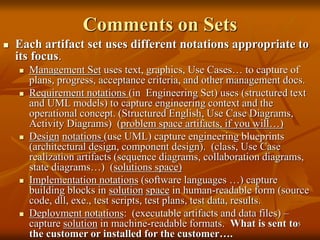 15
Comments on Sets
 Each artifact set uses different notations appropriate to
its focus.
 Management Set uses text, graphics, Use Cases… to capture of
plans, progress, acceptance criteria, and other management docs.
 Requirement notations (in Engineering Set) uses (structured text
and UML models) to capture engineering context and the
operational concept. (Structured English, Use Case Diagrams,
Activity Diagrams) (problem space artifacts, if you will…)
 Design notations (use UML) capture engineering blueprints
(architectural design, component design). (class, Use Case
realization artifacts (sequence diagrams, collaboration diagrams,
state diagrams…) (solutions space)
 Implementation notations (software languages …) capture
building blocks in solution space in human-readable form (source
code, dll, exe., test scripts, test plans, test data, results.
 Deployment notations: (executable artifacts and data files) –
capture solution in machine-readable formats. What is sent to
the customer or installed for the customer….
 