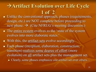 20
Artifact Evolution over Life Cycle
1 of 2
 Unlike the conventional approach, phases (requirements,
design, etc.) are NOT complete before proceeding to
next phase.  (Cite NFRUG’s meeting discussion.)
 The entire system evolves as the ‘state of the system
evolves into more elaborate states.’
 With this, the artifact sets evolve accordingly.
 Each phase (inception, elaboration, construction,
transition) realizes some degree of effort (more
evolution) on all artifact sets plus the management set.
 Clearly, some phases emphasize one artifact set over others…
 