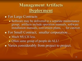 32
Management Artifacts
Deployment
 For Large Contracts
 Software may be delivered to a separate maintenance
group; artifacts include operation manuals, software
installation manuals, conversion plans, … for cutover.
 For Small Contract; smaller corporation…
 Much MUCH less.
 Often same group of people do ALL!
 Varies considerably from project to project.
 