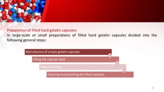 11
Preparation of filled hard gelatin capsules:
In large-scale or small preparations of filled hard gelatin capsules divided into the
following general steps:
Manufacture of empty gelatin capsules
Filling the capsule shell
Capsule sealing
Cleaning and polishing the filled capsules.
 