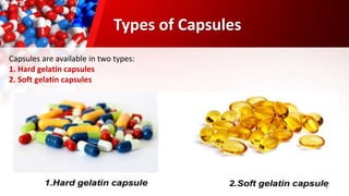 3
Capsules are available in two types:
1. Hard gelatin capsules
2. Soft gelatin capsules
Types of Capsules
 