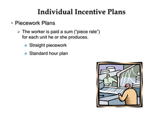 Individual Incentive Plans
• Piecework Plans
 The worker is paid a sum (“piece rate”)
for each unit he or she produces.
 Straight piecework
 Standard hour plan
 