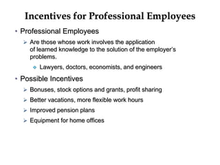 Incentives for Professional Employees
• Professional Employees
 Are those whose work involves the application
of learned knowledge to the solution of the employer’s
problems.
 Lawyers, doctors, economists, and engineers
• Possible Incentives
 Bonuses, stock options and grants, profit sharing
 Better vacations, more flexible work hours
 Improved pension plans
 Equipment for home offices
 