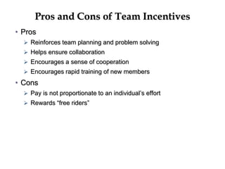 Pros and Cons of Team Incentives
• Pros
 Reinforces team planning and problem solving
 Helps ensure collaboration
 Encourages a sense of cooperation
 Encourages rapid training of new members
• Cons
 Pay is not proportionate to an individual’s effort
 Rewards “free riders”
 