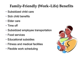 Family-Friendly (Work–Life) Benefits
• Subsidized child care
• Sick child benefits
• Elder care
• Time off
• Subsidized employee transportation
• Food services
• Educational subsidies
• Fitness and medical facilities
• Flexible work scheduling
 