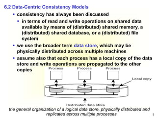 5
6.2 Data-Centric Consistency Models
 consistency has always been discussed
 in terms of read and write operations on shared data
available by means of (distributed) shared memory, a
(distributed) shared database, or a (distributed) file
system
 we use the broader term data store, which may be
physically distributed across multiple machines
 assume also that each process has a local copy of the data
store and write operations are propagated to the other
copies
the general organization of a logical data store, physically distributed and
replicated across multiple processes
 