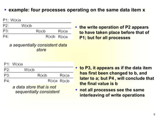 9
a data store that is not
sequentially consistent
a sequentially consistent data
store
 the write operation of P2 appears
to have taken place before that of
P1; but for all processes
 to P3, it appears as if the data item
has first been changed to b, and
later to a; but P4 , will conclude that
the final value is b
 not all processes see the same
interleaving of write operations
 example: four processes operating on the same data item x
 