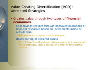 Value-Creating Diversification (VCD):
Unrelated Strategies

• Creates value through two types of financial
  economies
     – Cost savings realized through improved allocations of
       financial resources based on investments inside or
       outside firm
            • Efficient internal capital market allocation
     – Restructuring of acquired assets
            • Firm A buys firm B and restructures assets so it can operate
              more profitably, then A sells B for a profit in the external
              market




©2011 Cengage Learning. All Rights Reserved. May not be scanned, copied or duplicated, or posted to a publicly accessible website, in whole or in part.
 