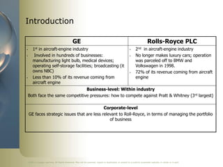 Introduction

                                                GE                                                                        Rolls-Royce PLC
•       1st in aircraft-engine industry                                                                  •     2nd in aircraft-engine industry
•        Involved in hundreds of businesses:                                                             •     No longer makes luxury cars; operation
        manufacturing light bulb, medical devices;                                                             was parceled off to BMW and
        operating self-storage facilities; broadcasting (it                                                    Volkswagen in 1998.
        owns NBC)                                                                                        •     72% of its revenue coming from aircraft
•       Less than 10% of its revenue coming from                                                               engine
        aircraft engine
                                 Business-level: Within industry
    Both face the same competitive pressures: how to compete against Pratt & Whitney (3rd largest)

                                             Corporate-level
    GE faces strategic issues that are less relevant to Roll-Royce, in terms of managing the portfolio
                                                of business




    ©2011 Cengage Learning. All Rights Reserved. May not be scanned, copied or duplicated, or posted to a publicly accessible website, in whole or in part.
 