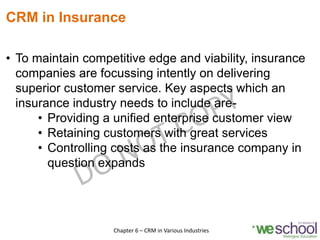 CRM in Insurance
• To maintain competitive edge and viability, insurance
companies are focussing intently on delivering
superior customer service. Key aspects which an
insurance industry needs to include are-
• Providing a unified enterprise customer view
• Retaining customers with great services
• Controlling costs as the insurance company in
question expands
13Chapter 6 – CRM in Various Industries
 