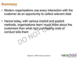 Summary
• Modern organisations use every interaction with the
customer as an opportunity to collect relevant data
• Hence today, with various implicit and explicit
methods, organisations learn much more about the
customers than what rigid purchasing code of
conduct tells them
19Chapter 6 – CRM in Various Industries
 