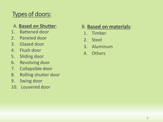 Types of doors:
A. Based on Shutter:
1. Battened door
2. Paneled door
3. Glazed door
4. Flush door
5. Sliding door
6. Revolving door
7. Collapsible door
8. Rolling shutter door
9. Swing door
10. Louvered door
B. Based on materials:
1. Timber
2. Steel
3. Aluminum
4. Others
7
 