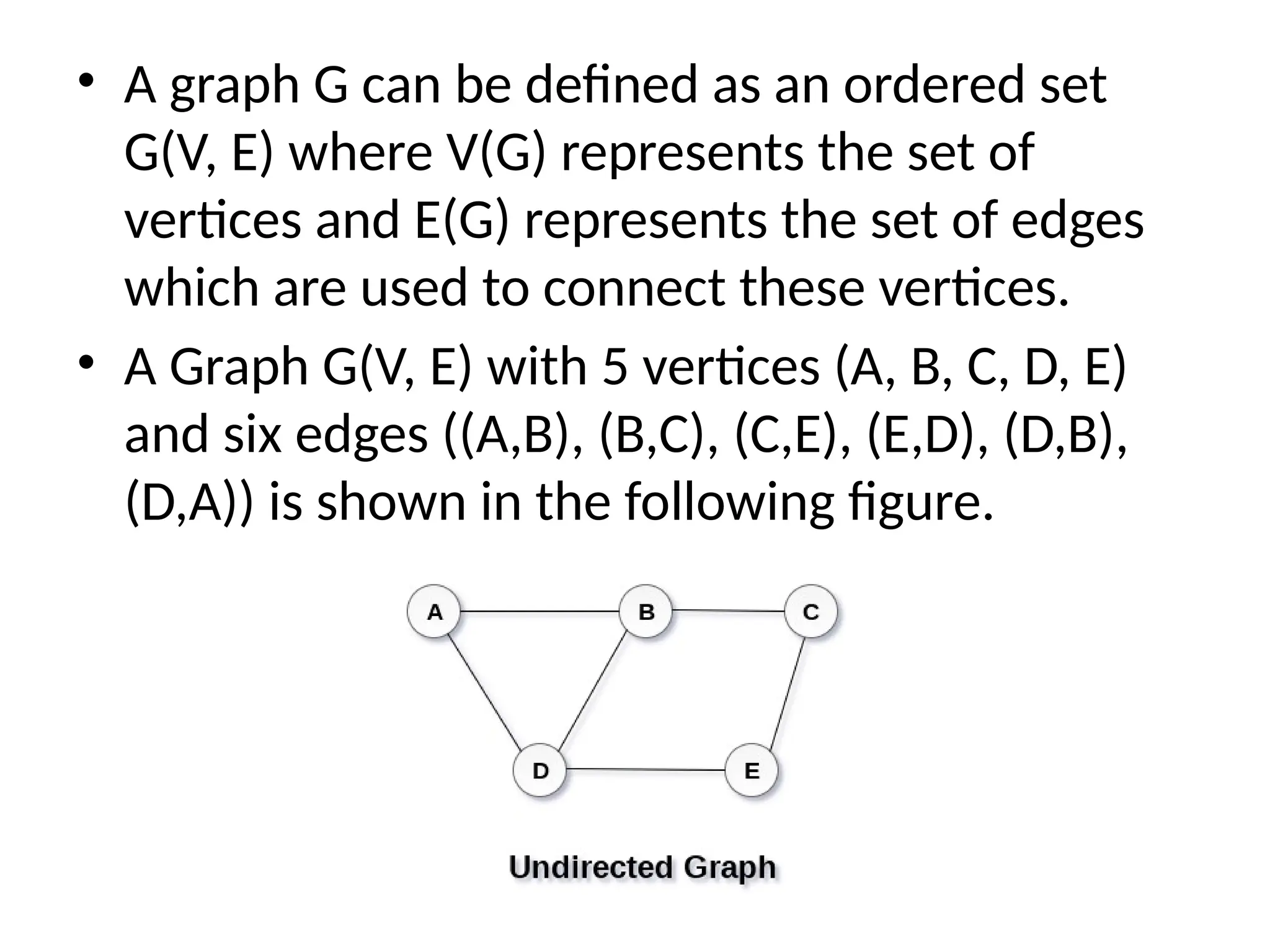 • A graph G can be defined as an ordered set
G(V, E) where V(G) represents the set of
vertices and E(G) represents the set of edges
which are used to connect these vertices.
• A Graph G(V, E) with 5 vertices (A, B, C, D, E)
and six edges ((A,B), (B,C), (C,E), (E,D), (D,B),
(D,A)) is shown in the following figure.
 
