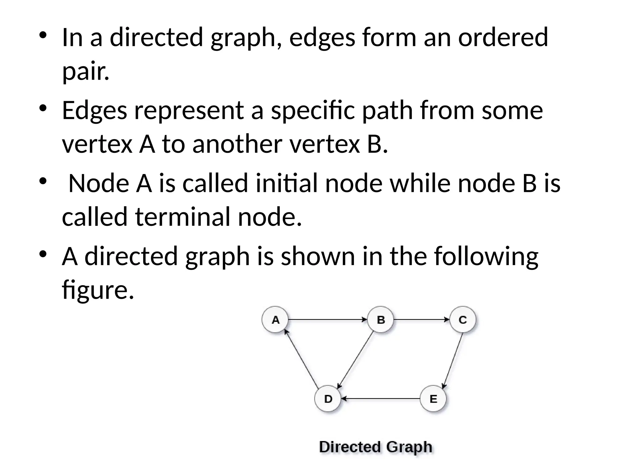 • In a directed graph, edges form an ordered
pair.
• Edges represent a specific path from some
vertex A to another vertex B.
• Node A is called initial node while node B is
called terminal node.
• A directed graph is shown in the following
figure.
 