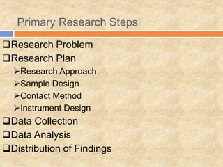 Primary Research Steps
Research Problem
Research Plan
Research Approach
Sample Design
Contact Method
Instrument Design
Data Collection
Data Analysis
Distribution of Findings
 