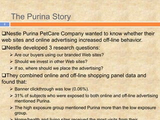 The Purina Story
Nestle Purina PetCare Company wanted to know whether their
web sites and online advertising increased off-line behavior.
Nestle developed 3 research questions:
 Are our buyers using our branded Web sites?
 Should we invest in other Web sites?
 If so, where should we place the advertising?
They combined online and off-line shopping panel data and
found that:
 Banner clickthrough was low (0.06%).
 31% of subjects who were exposed to both online and off-line advertising
mentioned Purina.
 The high exposure group mentioned Purina more than the low exposure
group.
2
 