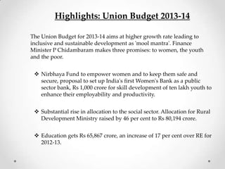 Highlights: Union Budget 2013-14
The Union Budget for 2013-14 aims at higher growth rate leading to
inclusive and sustainable development as 'mool mantra'. Finance
Minister P Chidambaram makes three promises: to women, the youth
and the poor.
 Nirbhaya Fund to empower women and to keep them safe and
secure, proposal to set up India's first Women's Bank as a public
sector bank, Rs 1,000 crore for skill development of ten lakh youth to
enhance their employability and productivity.
 Education gets Rs 65,867 crore, an increase of 17 per cent over RE for
2012-13.
 Substantial rise in allocation to the social sector. Allocation for Rural
Development Ministry raised by 46 per cent to Rs 80,194 crore.
 