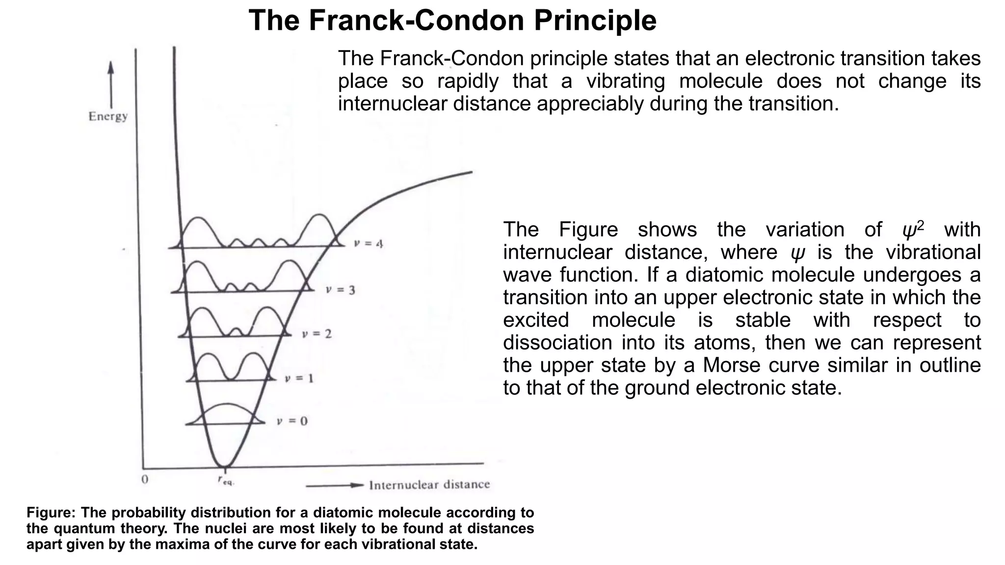 The Franck-Condon Principle
The Franck-Condon principle states that an electronic transition takes
place so rapidly that a vibrating molecule does not change its
internuclear distance appreciably during the transition.
Figure: The probability distribution for a diatomic molecule according to
the quantum theory. The nuclei are most likely to be found at distances
apart given by the maxima of the curve for each vibrational state.
The Figure shows the variation of ψ2 with
internuclear distance, where ψ is the vibrational
wave function. If a diatomic molecule undergoes a
transition into an upper electronic state in which the
excited molecule is stable with respect to
dissociation into its atoms, then we can represent
the upper state by a Morse curve similar in outline
to that of the ground electronic state.
 