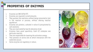 PROPERTIES OF ENZYMES
1. Enzymes are BIO-CATALYST.
2. Enzymes are required in small amounts.
3. They quicken the reactions without being consumed or lost
in the reaction or process, without altering reaction
equilibrium.
4. Enzymes are proteins, colloidal in nature & precipitated by
salt solutions.
5. They are inactivated by heat & alteration of pH.
6. Enzymes have great specificity. Each EZ catalyzes one
particular reaction.
7. They are responsible for lowering the activation energy.
8. They possess an active site at which interaction with the
substrate occurs.
9. Some enzymes are regulatory in nature.
 