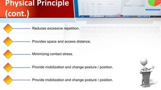 Physical Principle
(cont.)
Reduces excessive repetition.
Provides space and access distance.
Minimizing contact stress.
Provide mobilization and change posture / position.
Provide mobilization and change posture / position.
 