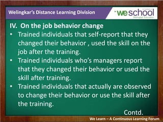 Welingkar’s Distance Learning Division 
IV. On the job behavior change 
• Trained individuals that self-report that they 
changed their behavior , used the skill on the 
job after the training. 
• Trained individuals who’s managers report 
that they changed their behavior or used the 
skill after training. 
• Trained individuals that actually are observed 
to change their behavior or use the skill after 
the training. 
Contd. 
We Learn – A Continuous Learning Forum 
 