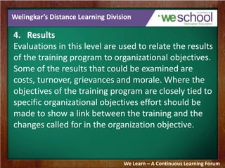 Welingkar’s Distance Learning Division 
4. Results 
Evaluations in this level are used to relate the results 
of the training program to organizational objectives. 
Some of the results that could be examined are 
costs, turnover, grievances and morale. Where the 
objectives of the training program are closely tied to 
specific organizational objectives effort should be 
made to show a link between the training and the 
changes called for in the organization objective. 
We Learn – A Continuous Learning Forum 
 