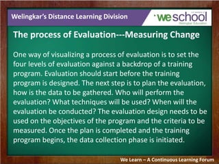 Welingkar’s Distance Learning Division 
The process of Evaluation---Measuring Change 
One way of visualizing a process of evaluation is to set the 
four levels of evaluation against a backdrop of a training 
program. Evaluation should start before the training 
program is designed. The next step is to plan the evaluation, 
how is the data to be gathered. Who will perform the 
evaluation? What techniques will be used? When will the 
evaluation be conducted? The evaluation design needs to be 
used on the objectives of the program and the criteria to be 
measured. Once the plan is completed and the training 
program begins, the data collection phase is initiated. 
We Learn – A Continuous Learning Forum 
 