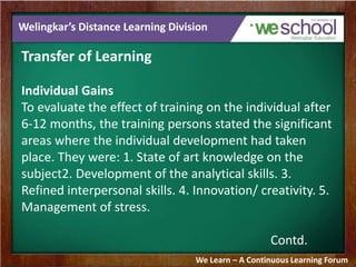 Welingkar’s Distance Learning Division 
Transfer of Learning 
Individual Gains 
To evaluate the effect of training on the individual after 
6-12 months, the training persons stated the significant 
areas where the individual development had taken 
place. They were: 1. State of art knowledge on the 
subject2. Development of the analytical skills. 3. 
Refined interpersonal skills. 4. Innovation/ creativity. 5. 
Management of stress. 
Contd. 
We Learn – A Continuous Learning Forum 
 