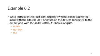Example 6.2
• Write instructions to read eight ON/OFF switches connected to the
input with the address 00H. And turn on the devices connected to the
output port with the address 01H. As shown in figure.
• IN 00H.
• OUT 01H.
• HLT
12
 
