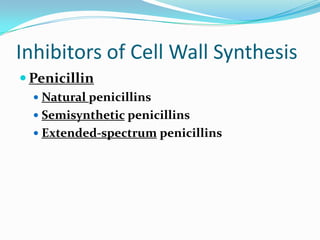 Inhibitors of Cell Wall Synthesis
 Penicillin
   Natural penicillins
   Semisynthetic penicillins
   Extended-spectrum penicillins
 