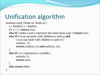 Unification algorithm 
boolean unify (Node m, Node n) { 
s = find(m); t = find(n); 
if ( s = t ) return true; 
else if ( nodes s and t represent the same basic type ) return true; 
else if (s is an op-node with children s1 and s2 and 
t is an op-node with children t1 and t2) { 
union(s , t) ; 
return unify(s1, t1) and unify(s2, t2); 
} 
else if s or t represents a variable { 
union(s, t) ; 
return true; 
} 
else return false; 
} 
 