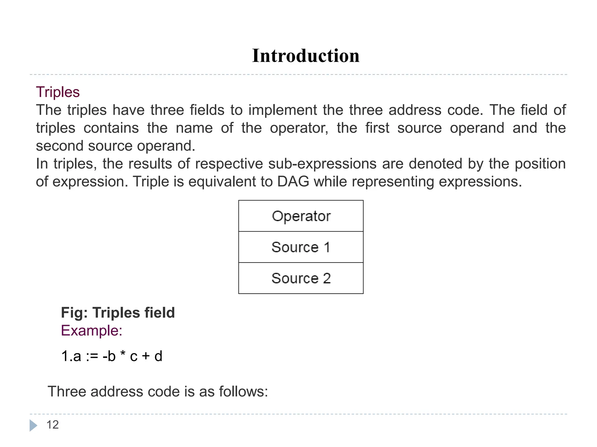 12
Introduction
Triples
The triples have three fields to implement the three address code. The field of
triples contains the name of the operator, the first source operand and the
second source operand.
In triples, the results of respective sub-expressions are denoted by the position
of expression. Triple is equivalent to DAG while representing expressions.
Fig: Triples field
Example:
1.a := -b * c + d
Three address code is as follows:
 