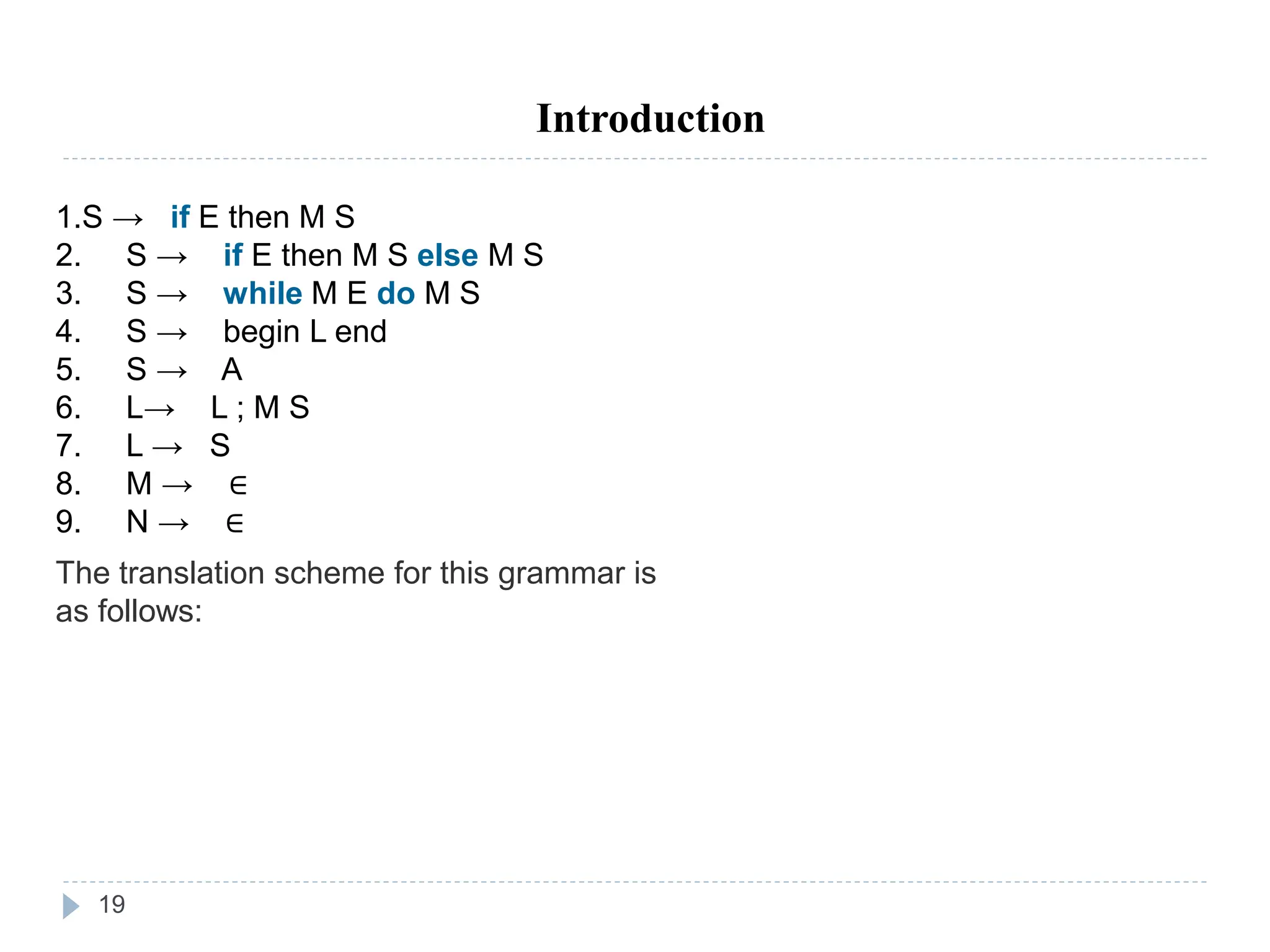 19
Introduction
1.S → if E then M S
2. S → if E then M S else M S
3. S → while M E do M S
4. S → begin L end
5. S → A
6. L→ L ; M S
7. L → S
8. M → ∈
9. N → ∈
The translation scheme for this grammar is
as follows:
 