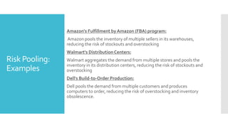 Risk Pooling:
Examples
Amazon's Fulfillment by Amazon (FBA) program:
Amazon pools the inventory of multiple sellers in its warehouses,
reducing the risk of stockouts and overstocking
Walmart's Distribution Centers:
Walmart aggregates the demand from multiple stores and pools the
inventory in its distribution centers, reducing the risk of stockouts and
overstocking
Dell's Build-to-Order Production:
Dell pools the demand from multiple customers and produces
computers to order, reducing the risk of overstocking and inventory
obsolescence.
 