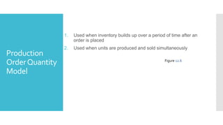 Production
OrderQuantity
Model
1. Used when inventory builds up over a period of time after an
order is placed
2. Used when units are produced and sold simultaneously
Figure 12.6
 