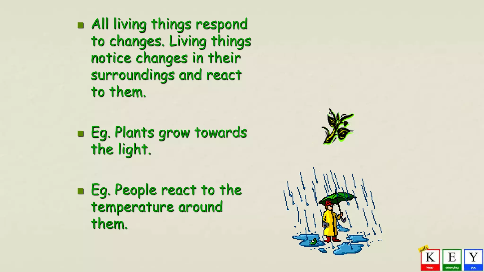  All living things respond
to changes. Living things
notice changes in their
surroundings and react
to them.
 Eg. Plants grow towards
the light.
 Eg. People react to the
temperature around
them.
 