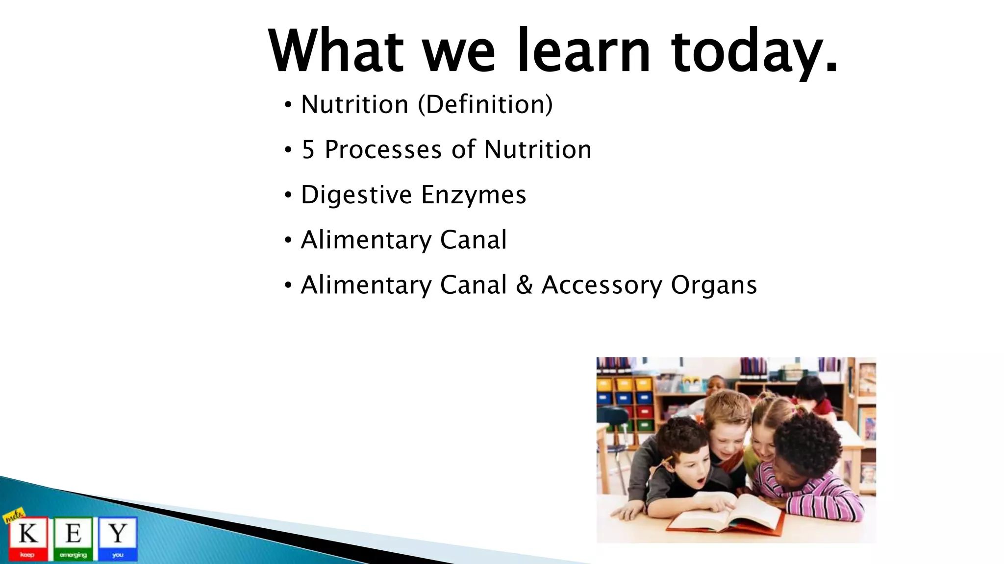 • Nutrition (Definition)
• 5 Processes of Nutrition
• Digestive Enzymes
• Alimentary Canal
• Alimentary Canal & Accessory Organs
What we learn today.
 