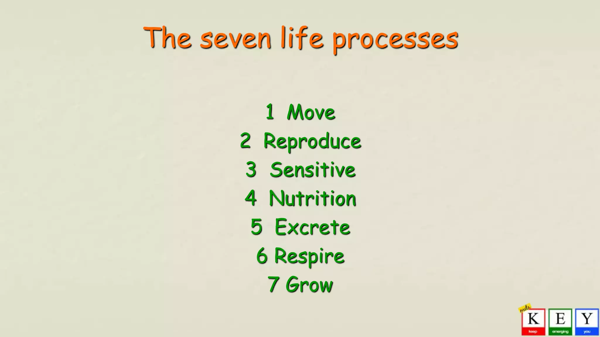 The seven life processes
1 Move
2 Reproduce
3 Sensitive
4 Nutrition
5 Excrete
6 Respire
7 Grow
 
