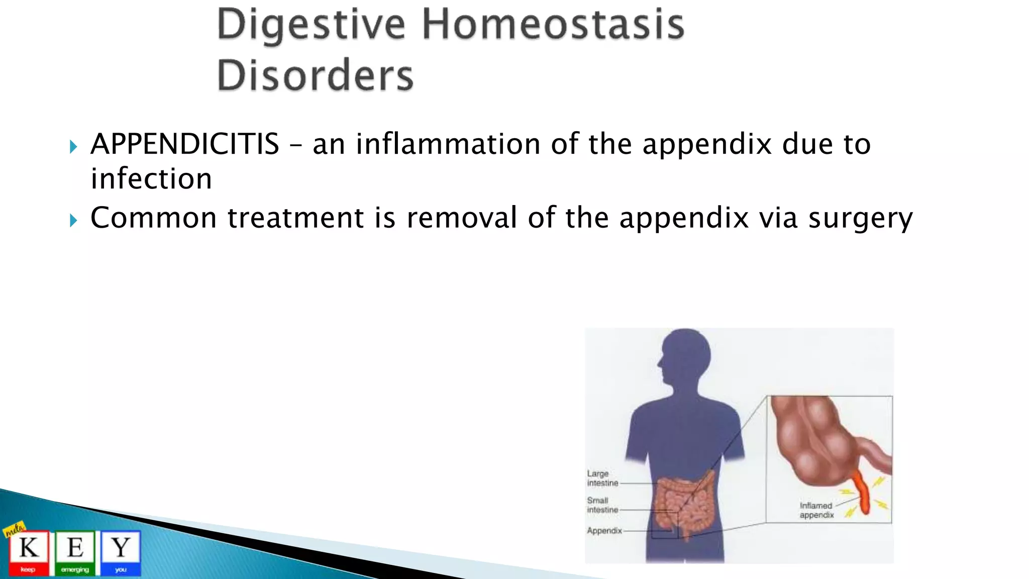  APPENDICITIS – an inflammation of the appendix due to
infection
 Common treatment is removal of the appendix via surgery
 