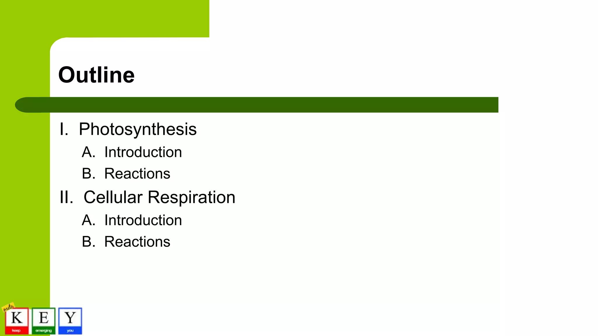 Outline
I. Photosynthesis
A. Introduction
B. Reactions
II. Cellular Respiration
A. Introduction
B. Reactions
 