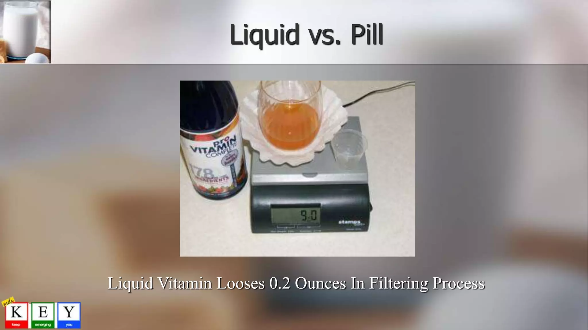 Liquid vs. Pill
Liquid Vitamin Looses 0.2 Ounces In Filtering Process
 