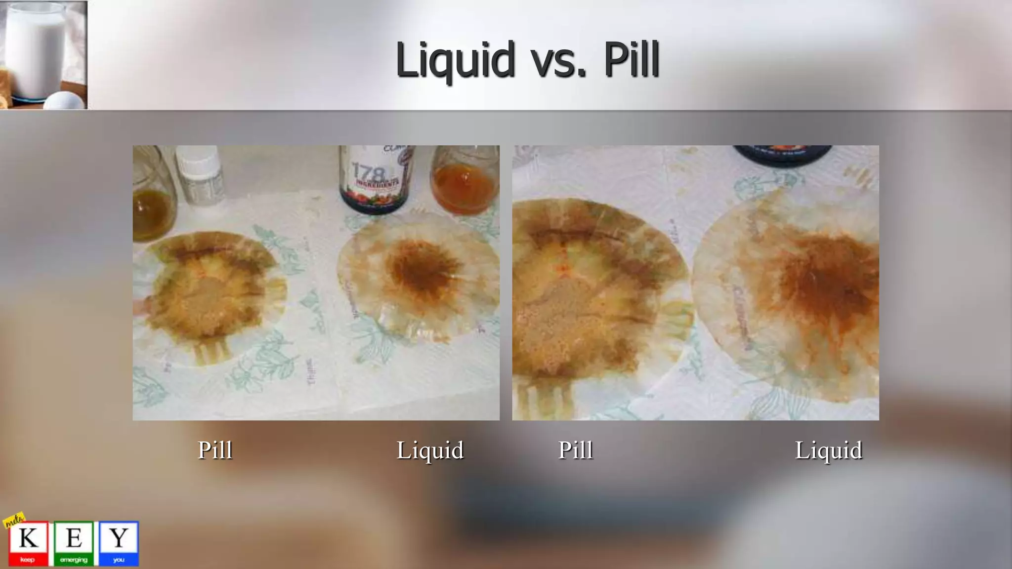 Liquid vs. Pill
Pill PillLiquid Liquid
 