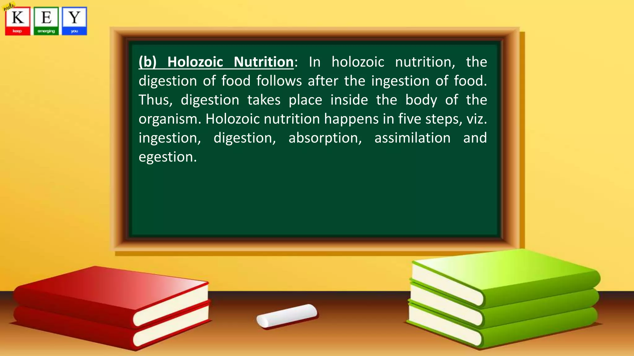 (b) Holozoic Nutrition: In holozoic nutrition, the
digestion of food follows after the ingestion of food.
Thus, digestion takes place inside the body of the
organism. Holozoic nutrition happens in five steps, viz.
ingestion, digestion, absorption, assimilation and
egestion.
 