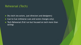 Rehearsal (Tech)
 Dry tech (no actors, just directors and designers)
 Cue to Cue (rehearse cues and scene changes only)
 Tech Rehearsal (Full run but focused on tech more than
acting)
 