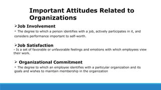 Important Attitudes Related to
Organizations
Job Involvement
- The degree to which a person identifies with a job, active...