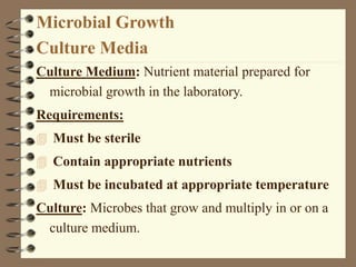 Microbial Growth
Culture Media
Culture Medium: Nutrient material prepared for
microbial growth in the laboratory.
Requirem...