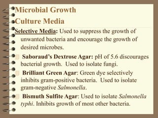 Microbial Growth
Culture Media
Selective Media: Used to suppress the growth of
unwanted bacteria and encourage the growth ...
