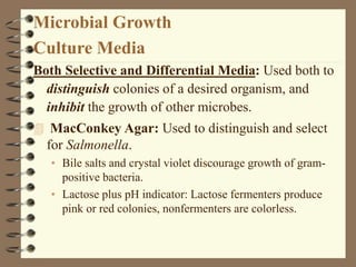 Microbial Growth
Culture Media
Both Selective and Differential Media: Used both to
distinguish colonies of a desired organ...